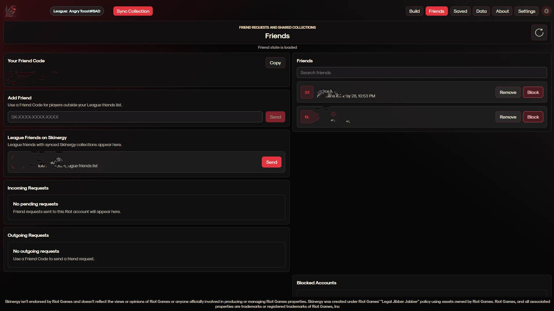 Skinergy friends screen for managing shared collections.