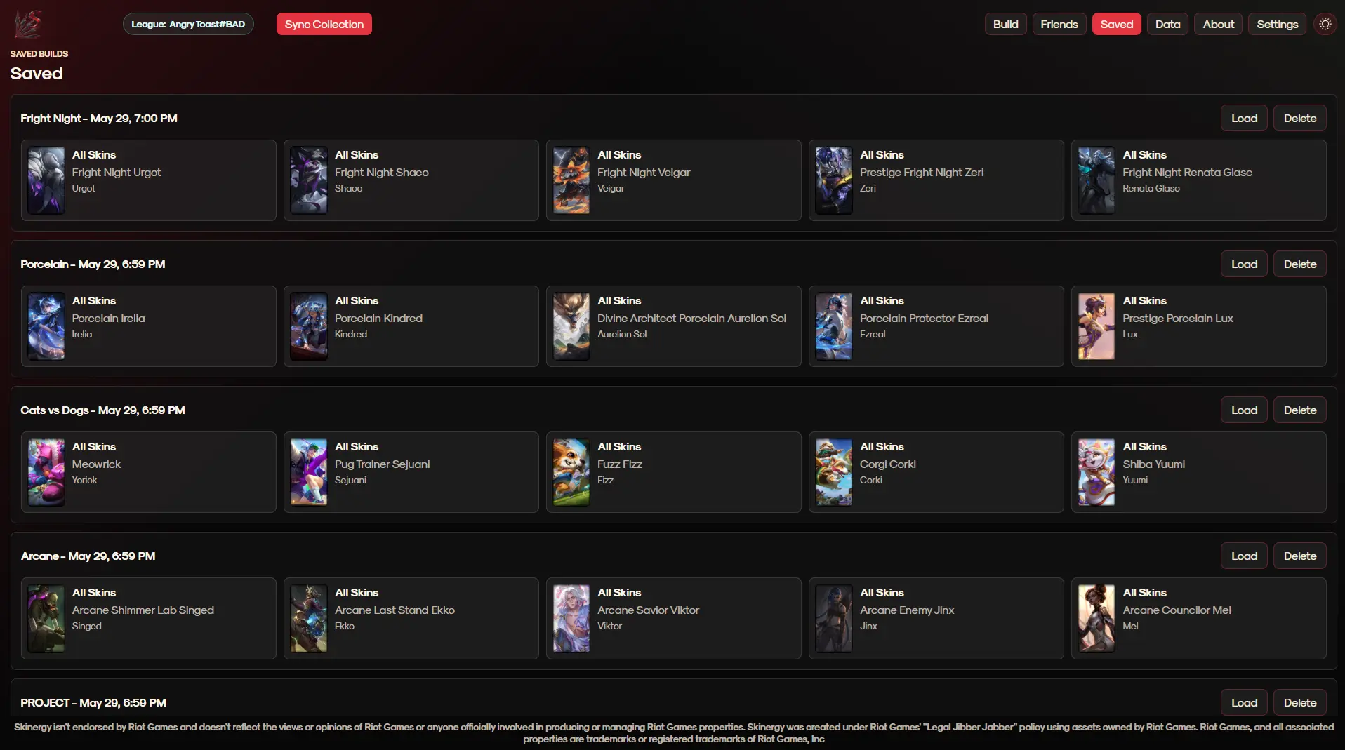 Skinergy saved builds screen showing saved team compositions.