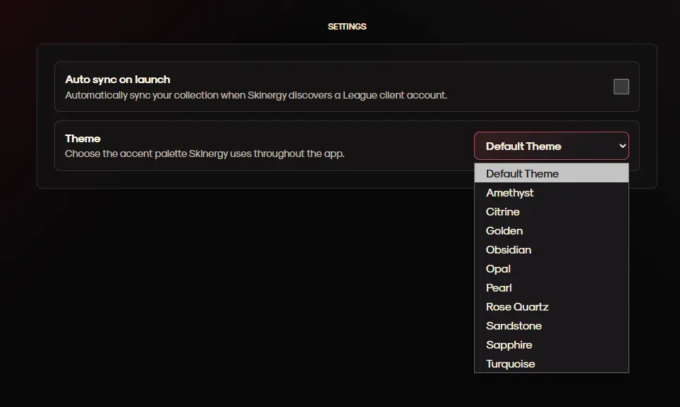 Skinergy themes screen showing app customization options.