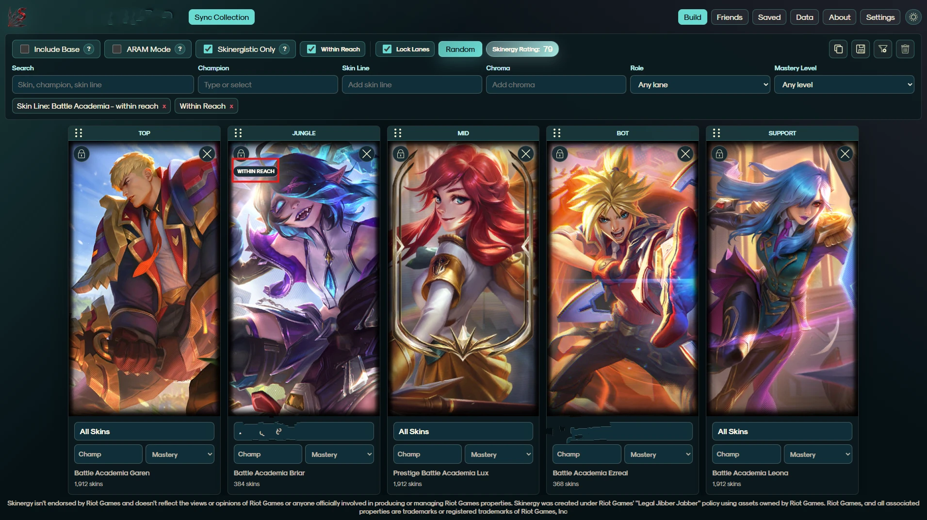 Skinergy Within Reach screen showing nearly complete skin line options.